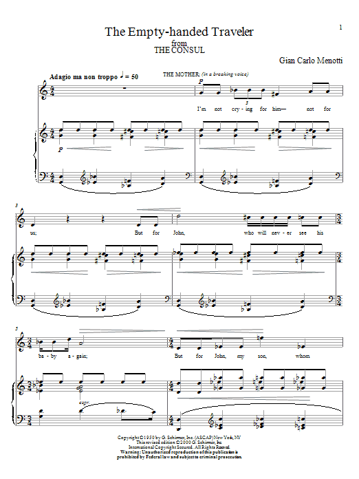 Gian Carlo Menotti The Empty-handed Traveler Sheet Music Notes & Chords for Piano, Vocal & Guitar (Right-Hand Melody) - Download or Print PDF