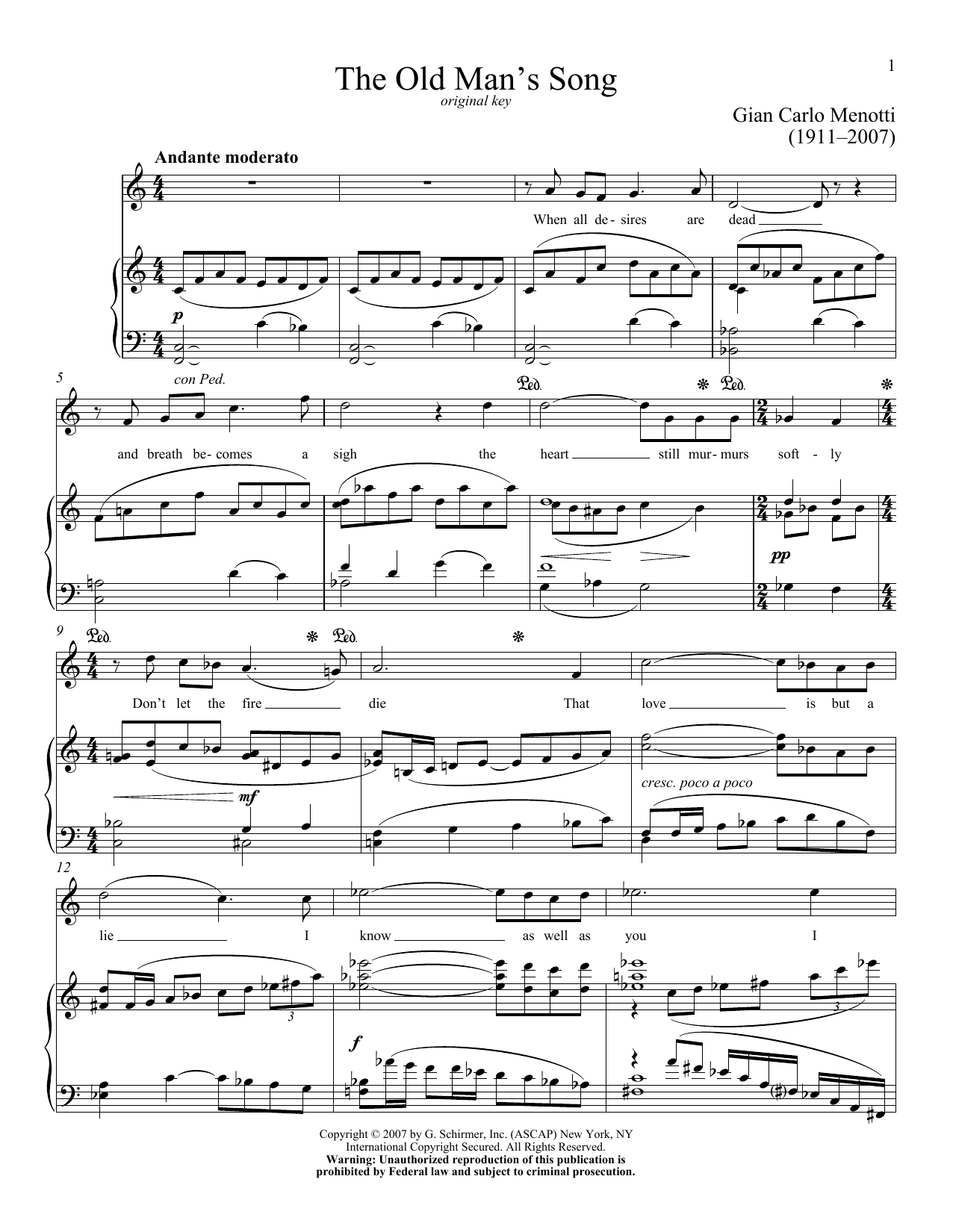 Gian Carlo Menotti The Old Man's Song Sheet Music Notes & Chords for Piano & Vocal - Download or Print PDF