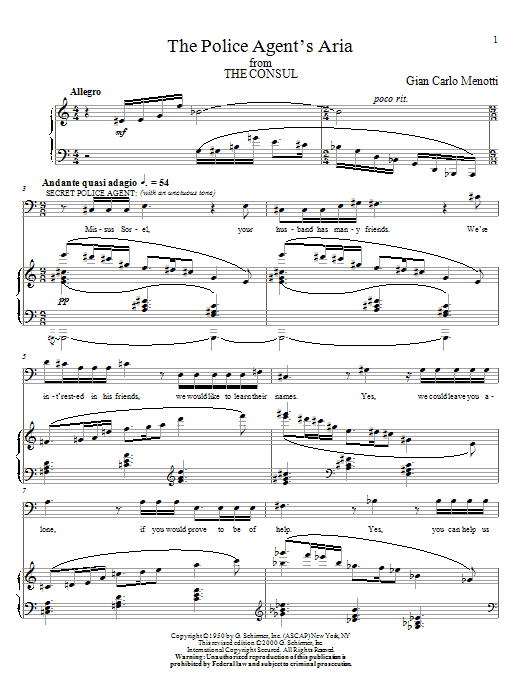 Gian Carlo Menotti The Police Agent's Aria Sheet Music Notes & Chords for Piano, Vocal & Guitar (Right-Hand Melody) - Download or Print PDF