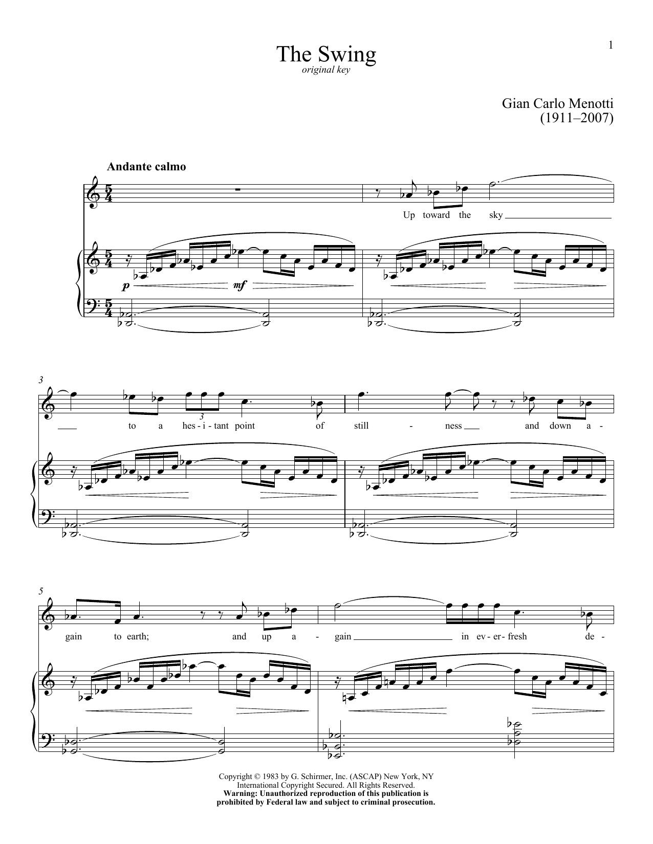 Gian Carlo Menotti The Swing Sheet Music Notes & Chords for Piano & Vocal - Download or Print PDF