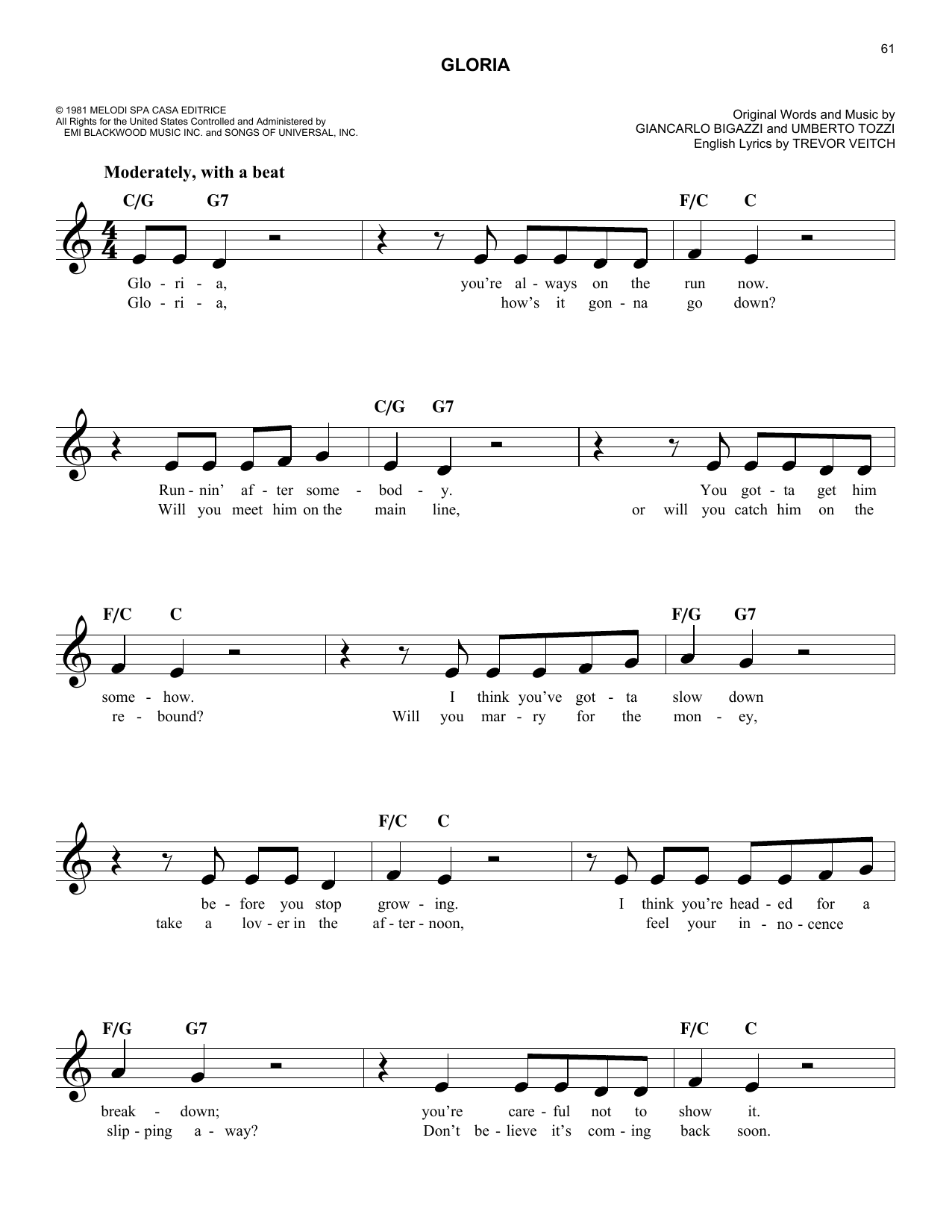 Giancarlo Bigazzi Gloria Sheet Music Notes & Chords for Melody Line, Lyrics & Chords - Download or Print PDF Giancarlo Bigazzi Gloria Sheet Music Notes & Chords for Melody Line, Lyrics & Chords - Download or Print PDF