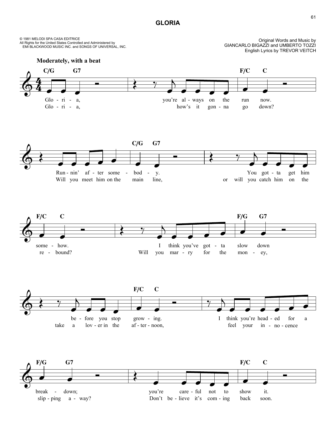 Giancarlo Bigazzi Gloria Sheet Music Notes & Chords for Melody Line, Lyrics & Chords - Download or Print PDF