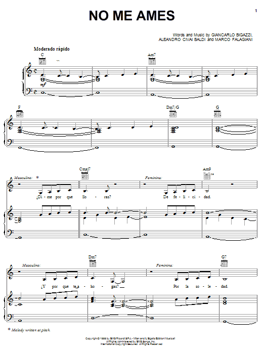 Giancarlo Bigazzi No Me Ames Sheet Music Notes & Chords for Piano, Vocal & Guitar (Right-Hand Melody) - Download or Print PDF