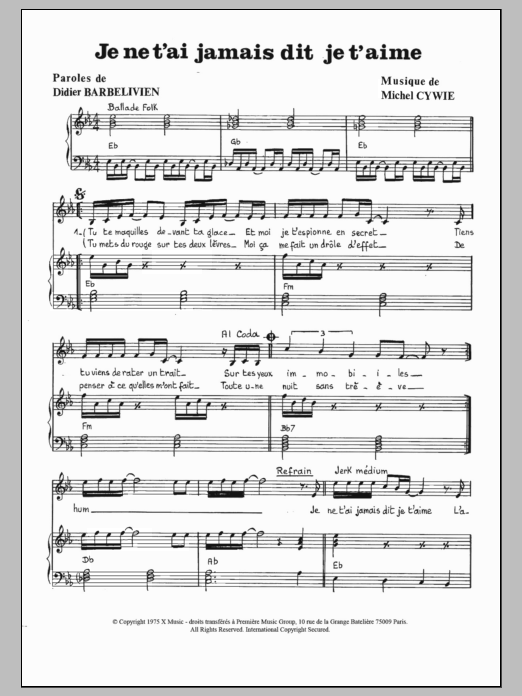 Gianni Nazzaro Je Ne T'ai Jamais Dit Je T'aime Sheet Music Notes & Chords for Piano & Vocal - Download or Print PDF