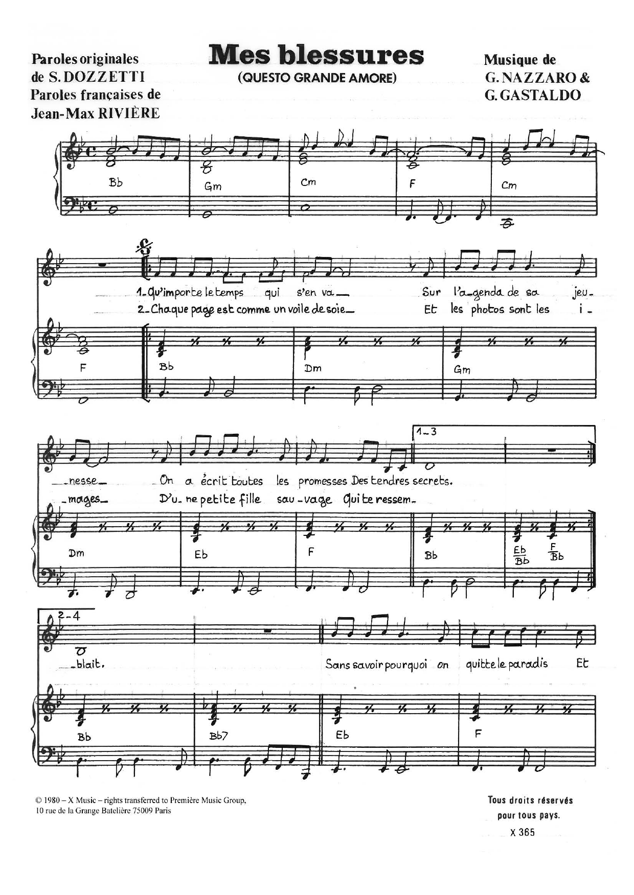 Gianni Nazzaro Mes Blessures (Questo Grande Amore) Sheet Music Notes & Chords for Piano & Vocal - Download or Print PDF