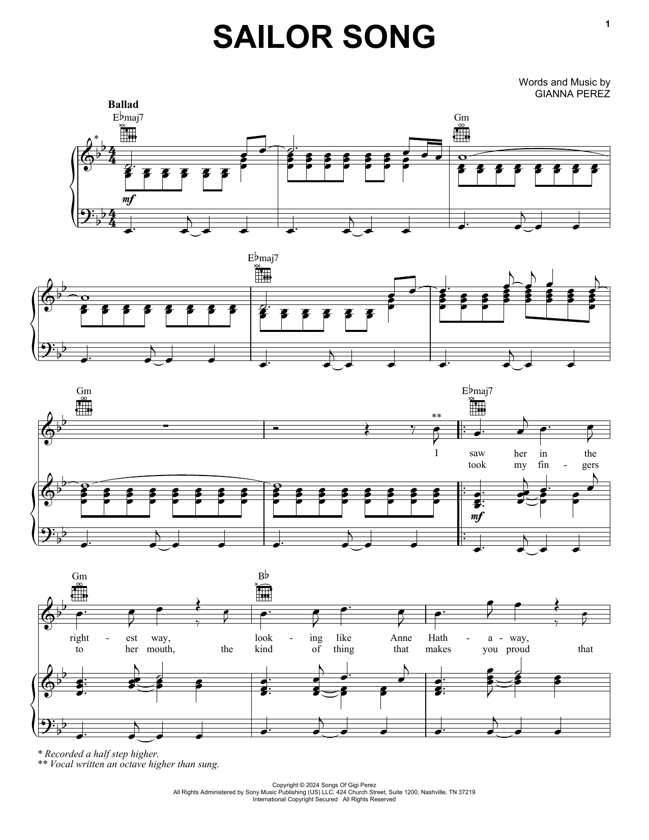 Gigi Perez Sailor Song Sheet Music Notes & Chords for Piano, Vocal & Guitar Chords (Right-Hand Melody) - Download or Print PDF