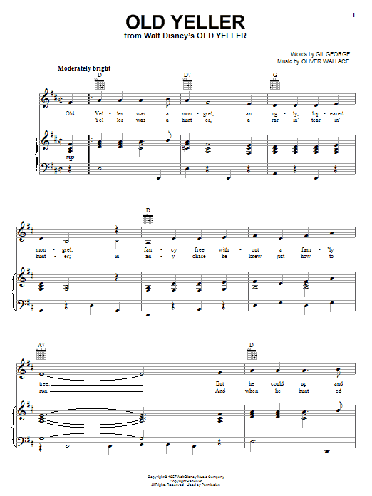Gil George Old Yeller Sheet Music Notes & Chords for Piano, Vocal & Guitar (Right-Hand Melody) - Download or Print PDF