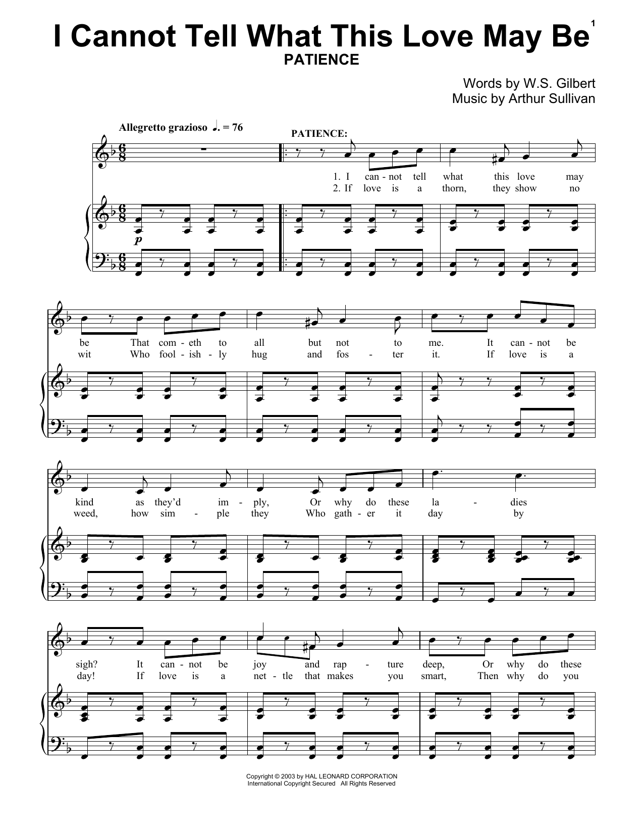Gilbert & Sullivan I Can Not Tell What This Love May Be Sheet Music Notes & Chords for Piano - Download or Print PDF