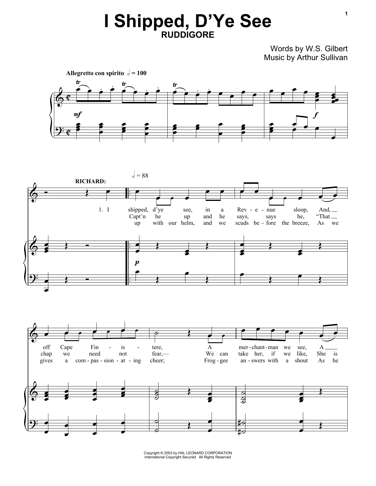 Gilbert & Sullivan I Shipped, D'ye See Sheet Music Notes & Chords for Piano & Vocal - Download or Print PDF