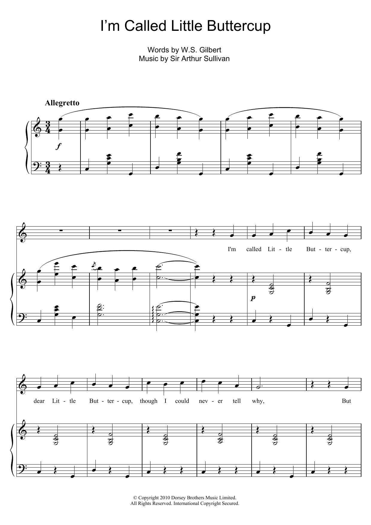 Gilbert & Sullivan (I'm Called) Little Buttercup Sheet Music Notes & Chords for Piano & Vocal - Download or Print PDF