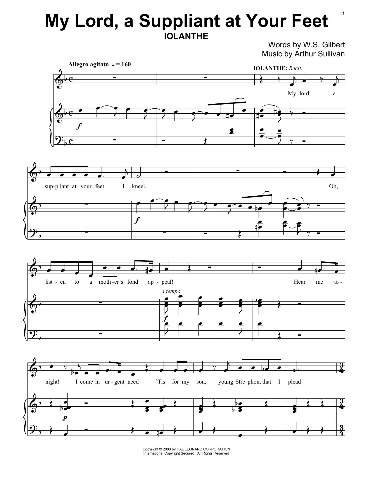 Gilbert & Sullivan My Lord, A Suppliant At Your Feet Sheet Music Notes & Chords for Piano - Download or Print PDF