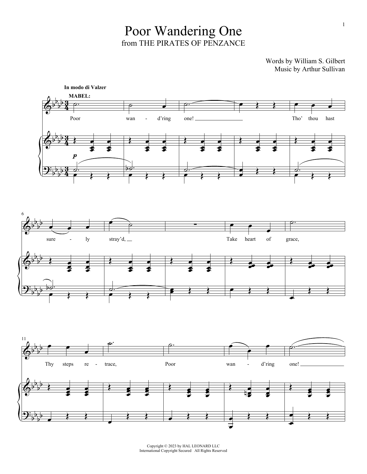 Gilbert & Sullivan Poor Wand'ring One (from The Pirates Of Penzance) Sheet Music Notes & Chords for Piano & Vocal - Download or Print PDF