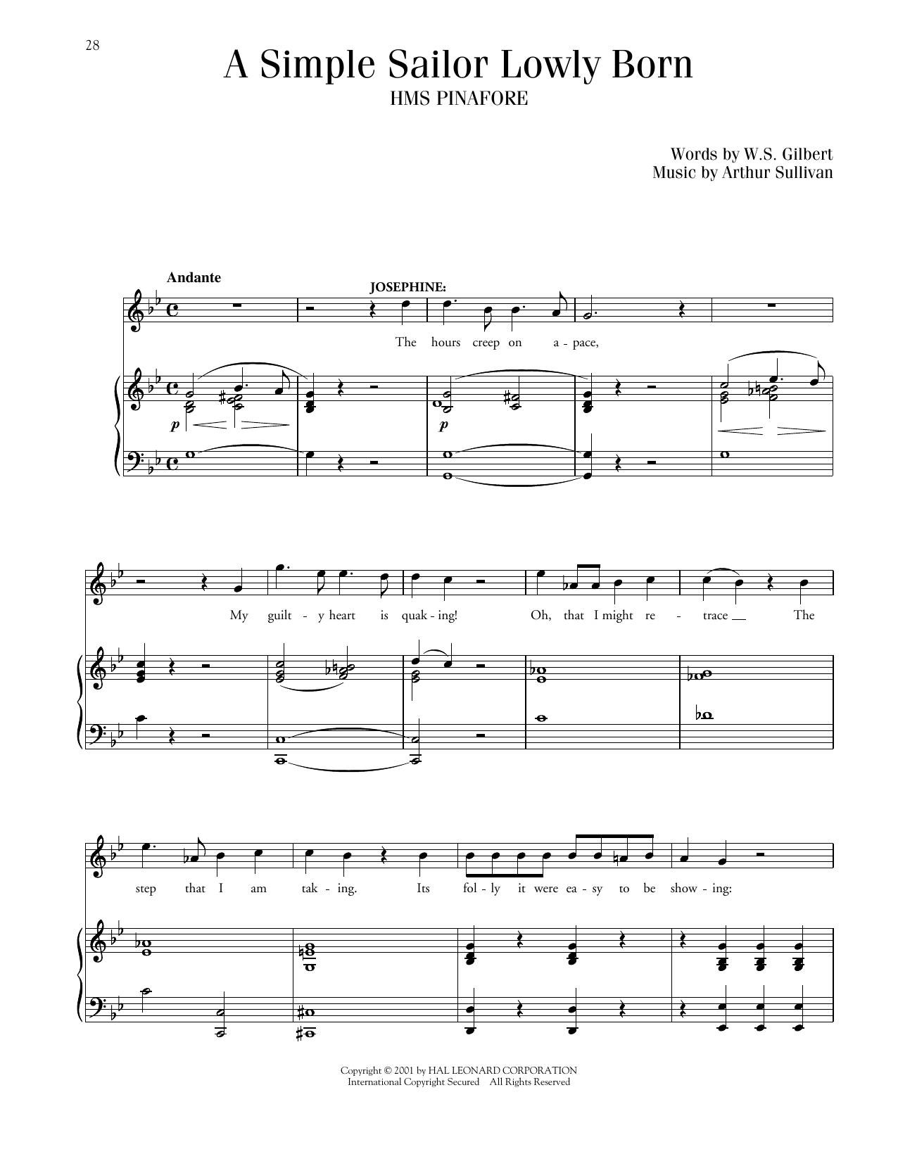 Gilbert & Sullivan Simple Sailor, Lowly Born (from HMS Pinafore) Sheet Music Notes & Chords for Piano & Vocal - Download or Print PDF