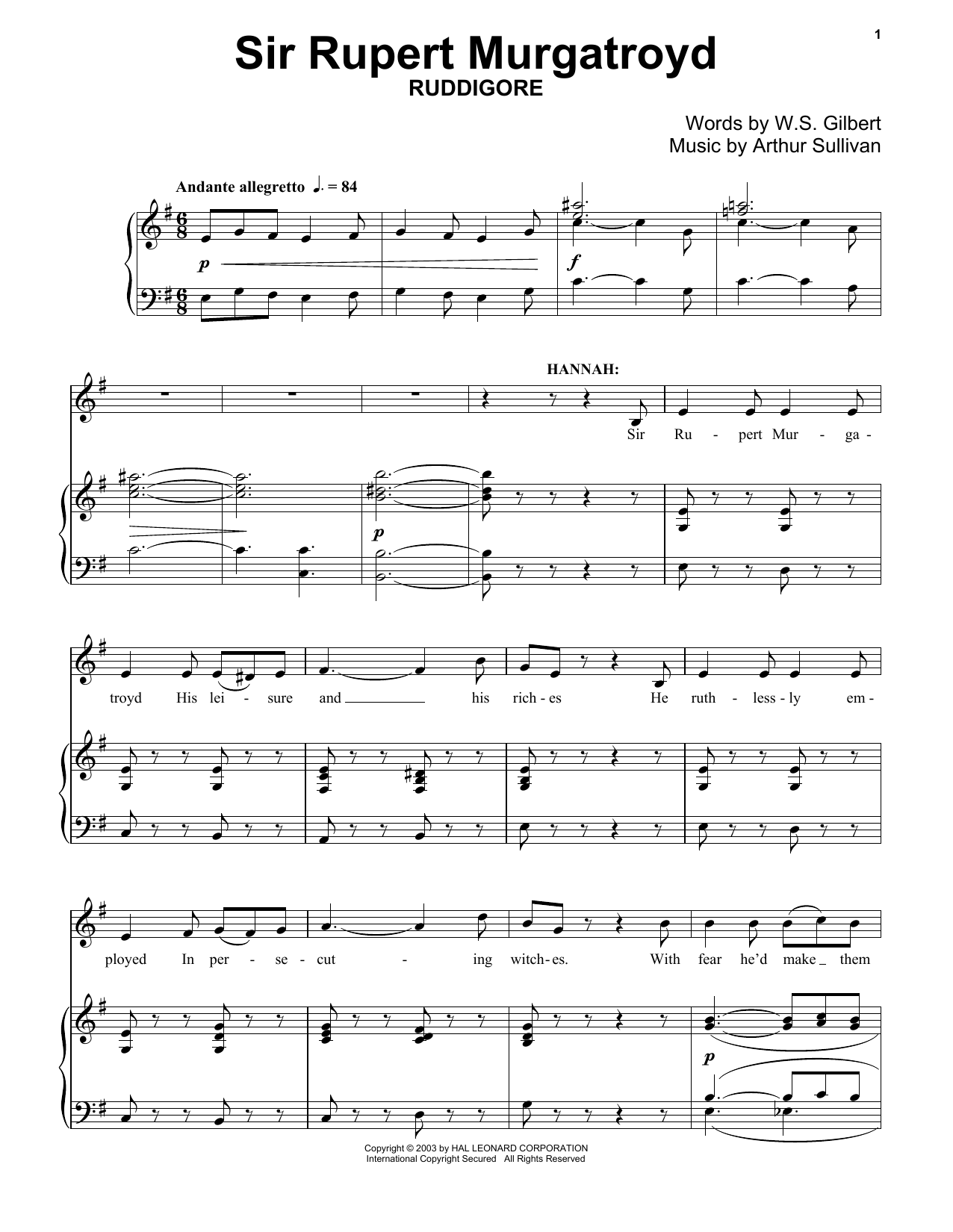 Gilbert & Sullivan Sir Rupert Murgatroyd Sheet Music Notes & Chords for Piano - Download or Print PDF