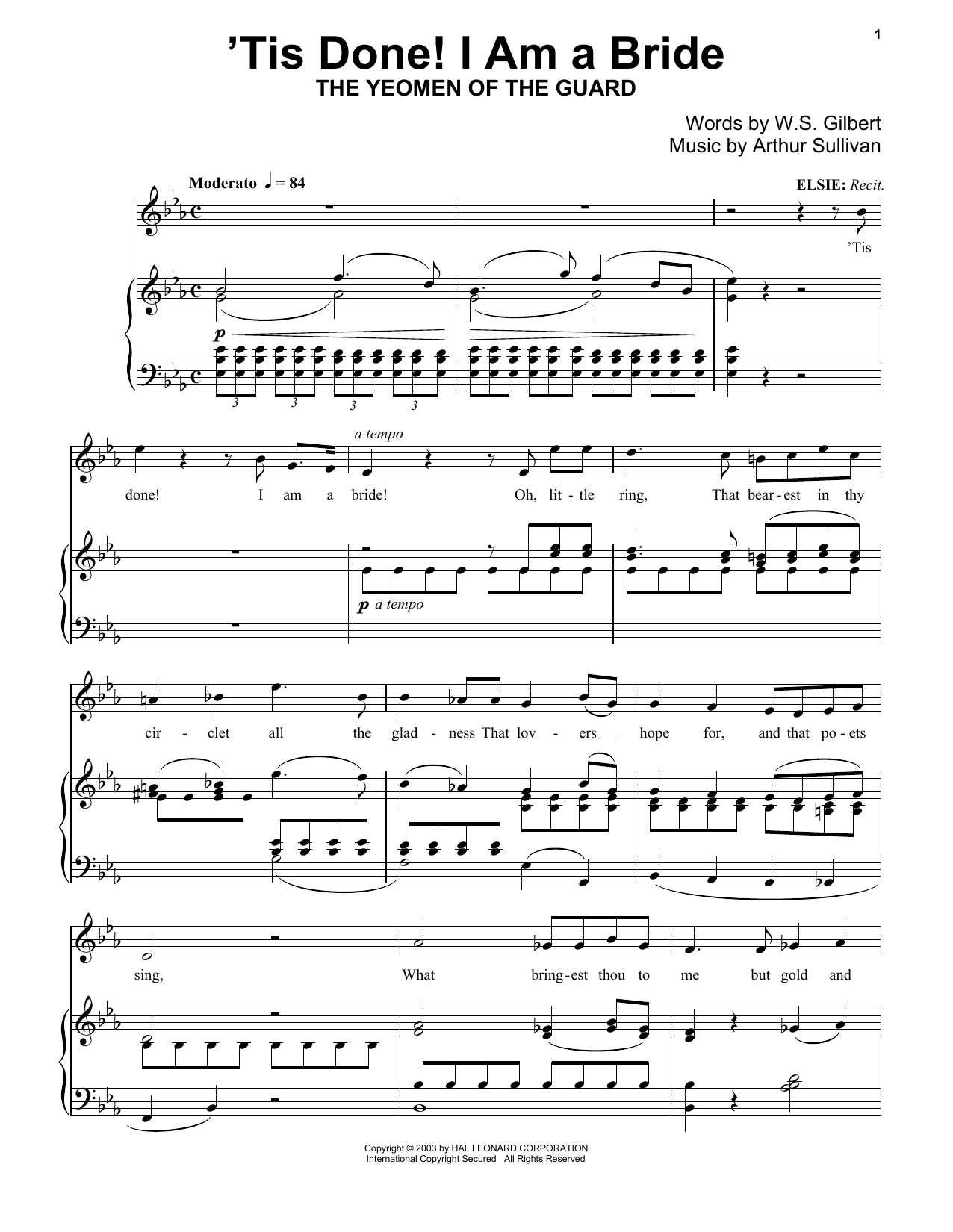 Gilbert & Sullivan 'Tis Done! I Am A Bride Sheet Music Notes & Chords for Piano - Download or Print PDF