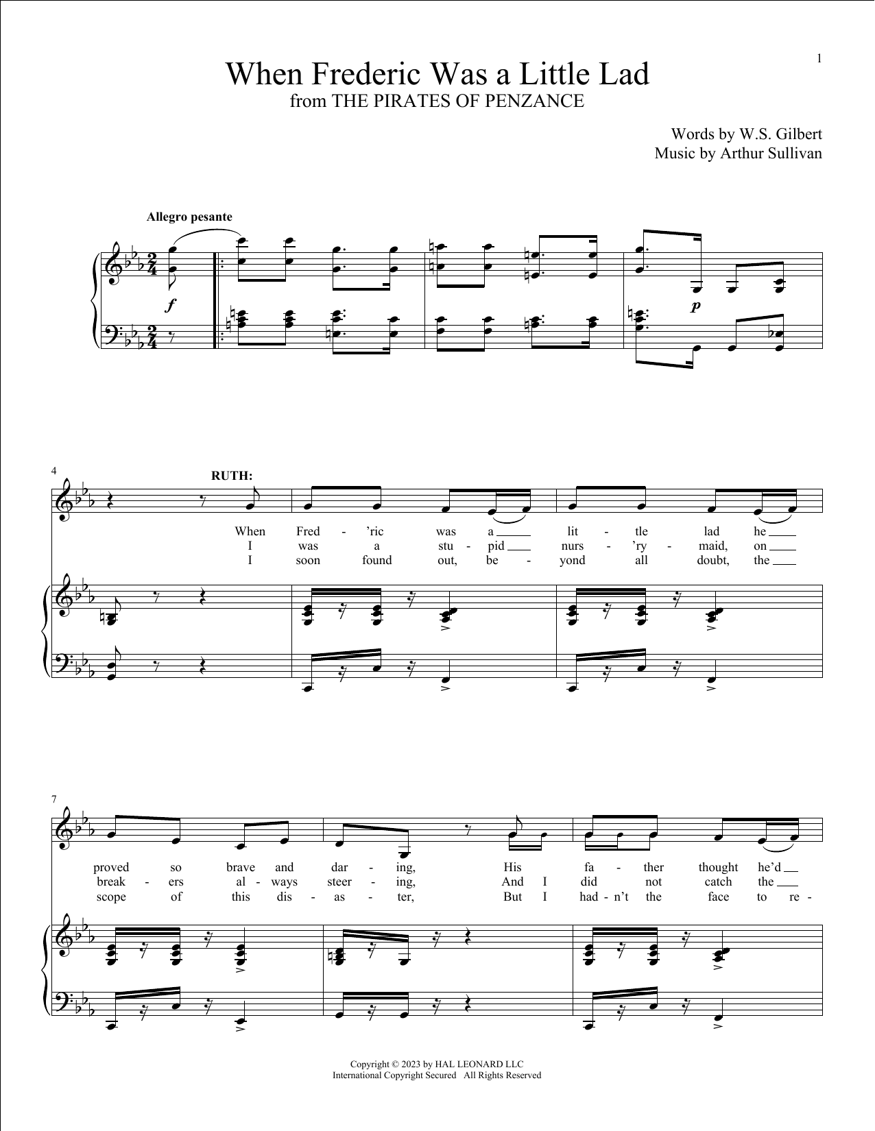 Gilbert & Sullivan When Frederic Was A Little Lad (from The Pirates Of Penzance) Sheet Music Notes & Chords for Piano & Vocal - Download or Print PDF