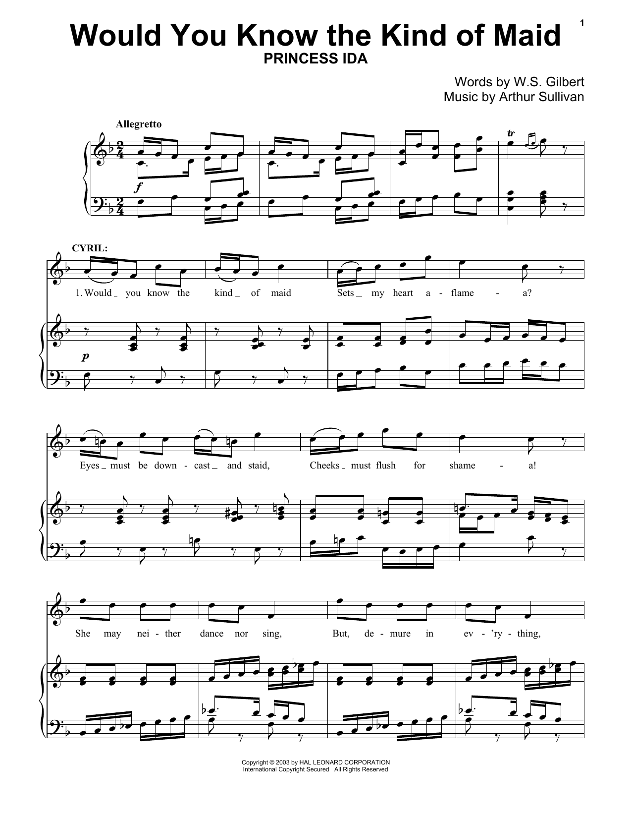 Gilbert & Sullivan Would You Know The Kind Of Maid Sheet Music Notes & Chords for Piano & Vocal - Download or Print PDF