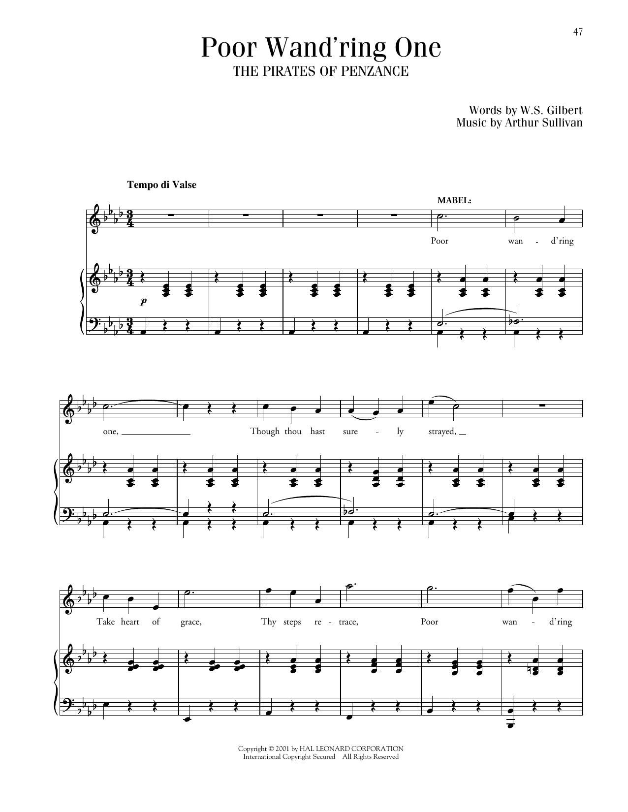 Gilbert & Sullivan Poor Wand'ring One (from The Pirates Of Penzance) Sheet Music Notes & Chords for Piano & Vocal - Download or Print PDF