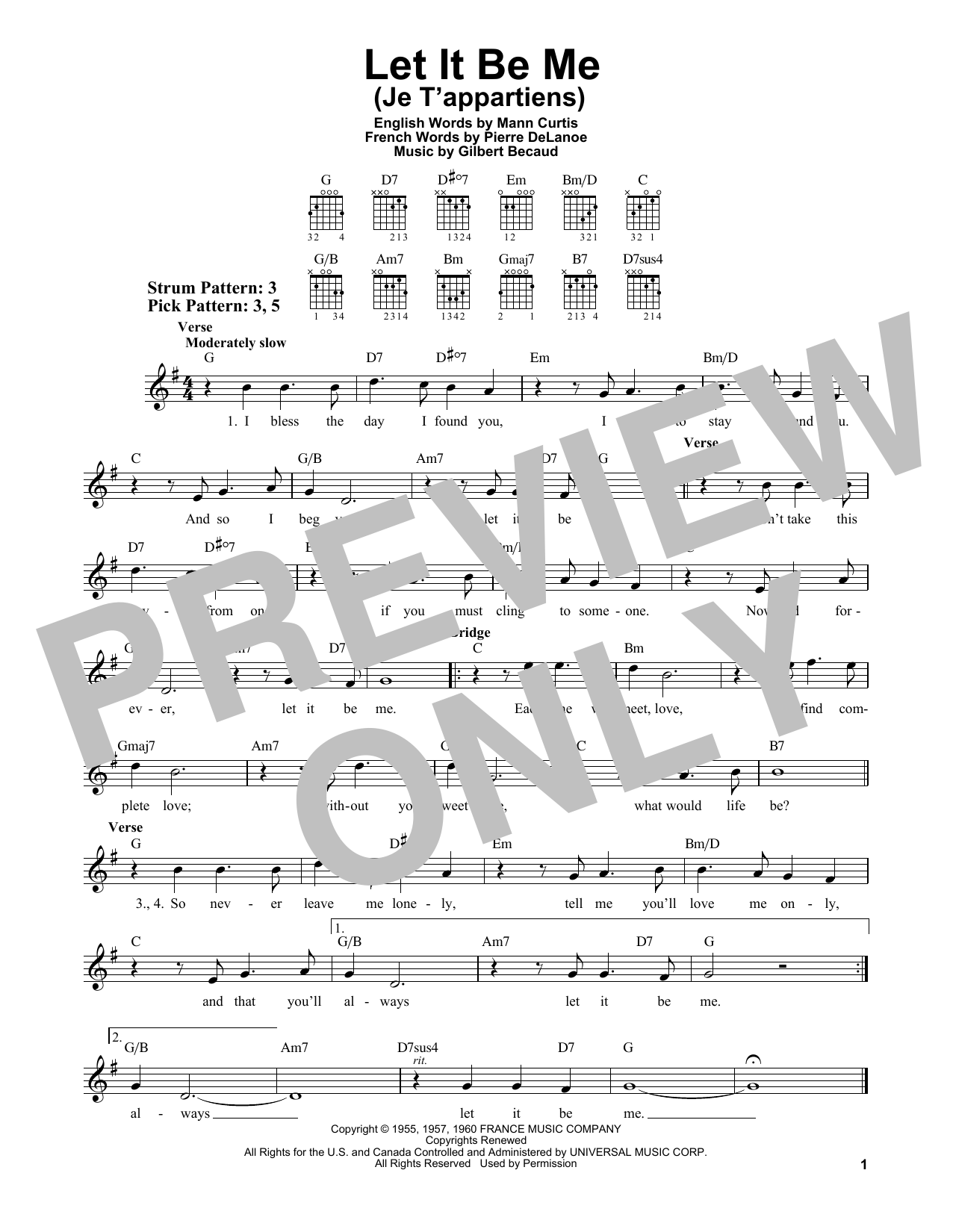 Gilbert Bécaud Let It Be Me (Je T'appartiens) Sheet Music Notes & Chords for Easy Guitar - Download or Print PDF