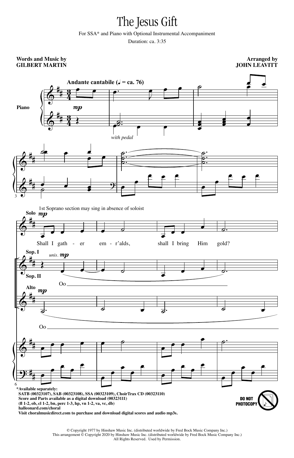 Gilbert Martin The Jesus Gift (arr. John Leavitt) Sheet Music Notes & Chords for SSA Choir - Download or Print PDF