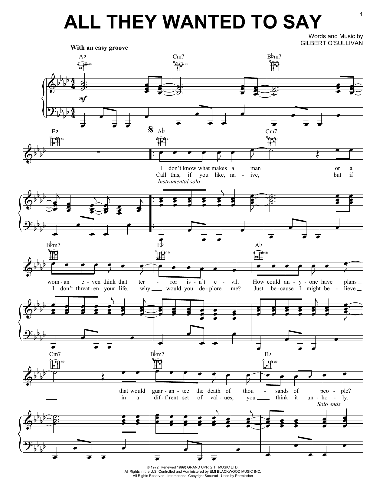 Gilbert O'Sullivan All They Wanted To Say Sheet Music Notes & Chords for Piano, Vocal & Guitar (Right-Hand Melody) - Download or Print PDF