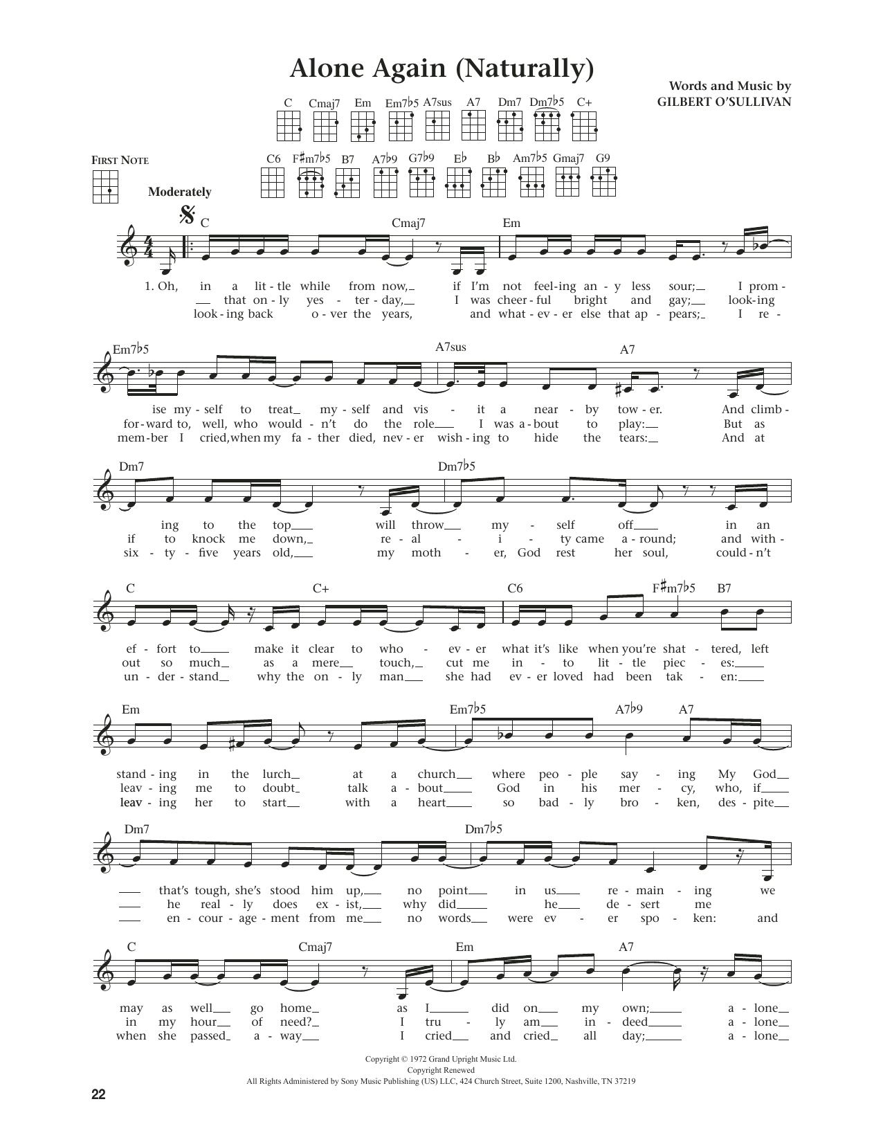 Gilbert O'Sullivan Alone Again (Naturally) (from The Daily Ukulele) (arr. Jim Beloff) Sheet Music Notes & Chords for Ukulele - Download or Print PDF