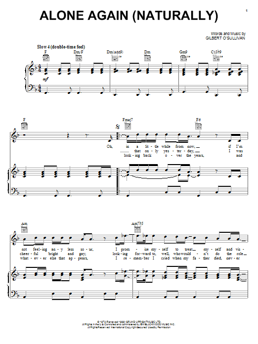Gilbert O'Sullivan Alone Again (Naturally) Sheet Music Notes & Chords for Piano, Vocal & Guitar (Right-Hand Melody) - Download or Print PDF