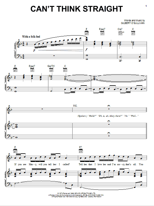 Gilbert O'Sullivan Can't Think Straight Sheet Music Notes & Chords for Piano, Vocal & Guitar (Right-Hand Melody) - Download or Print PDF