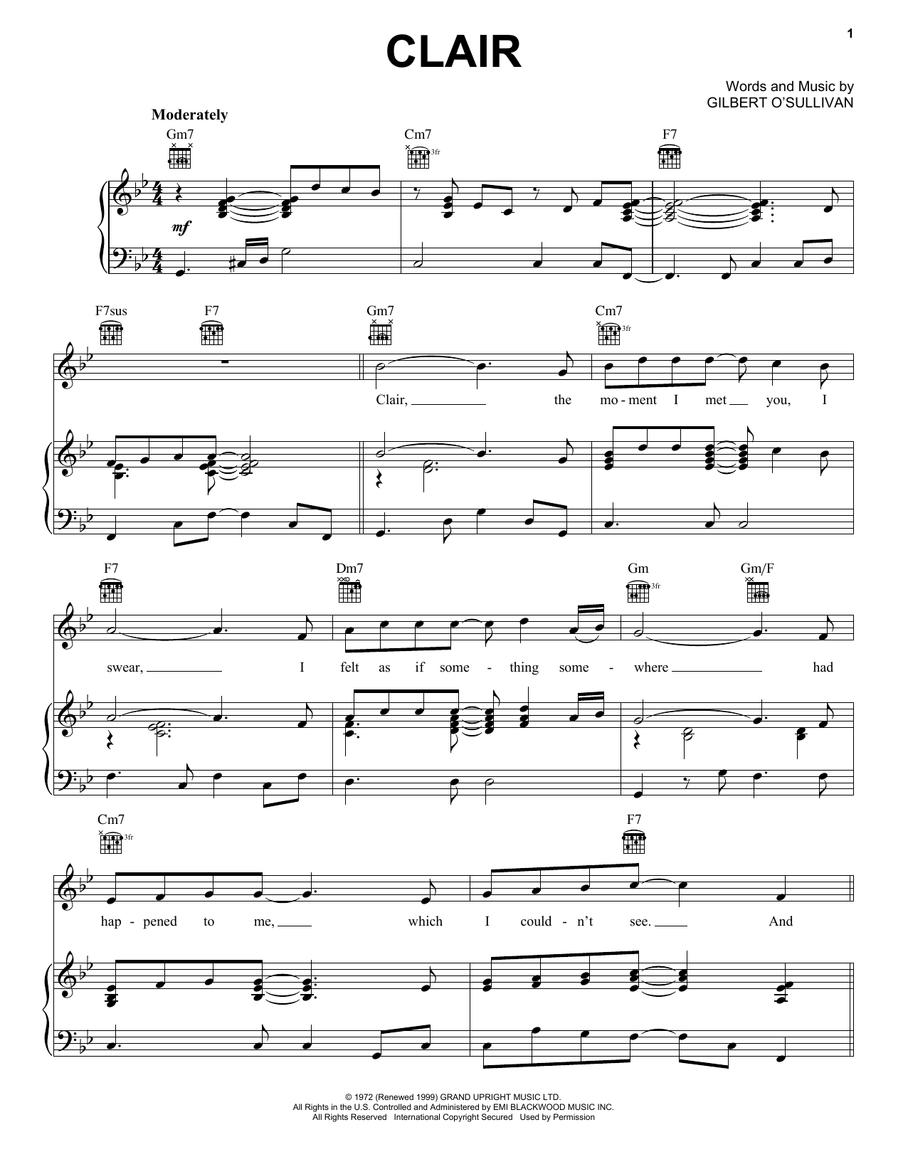 Gilbert O'Sullivan Clair Sheet Music Notes & Chords for Piano, Vocal & Guitar (Right-Hand Melody) - Download or Print PDF