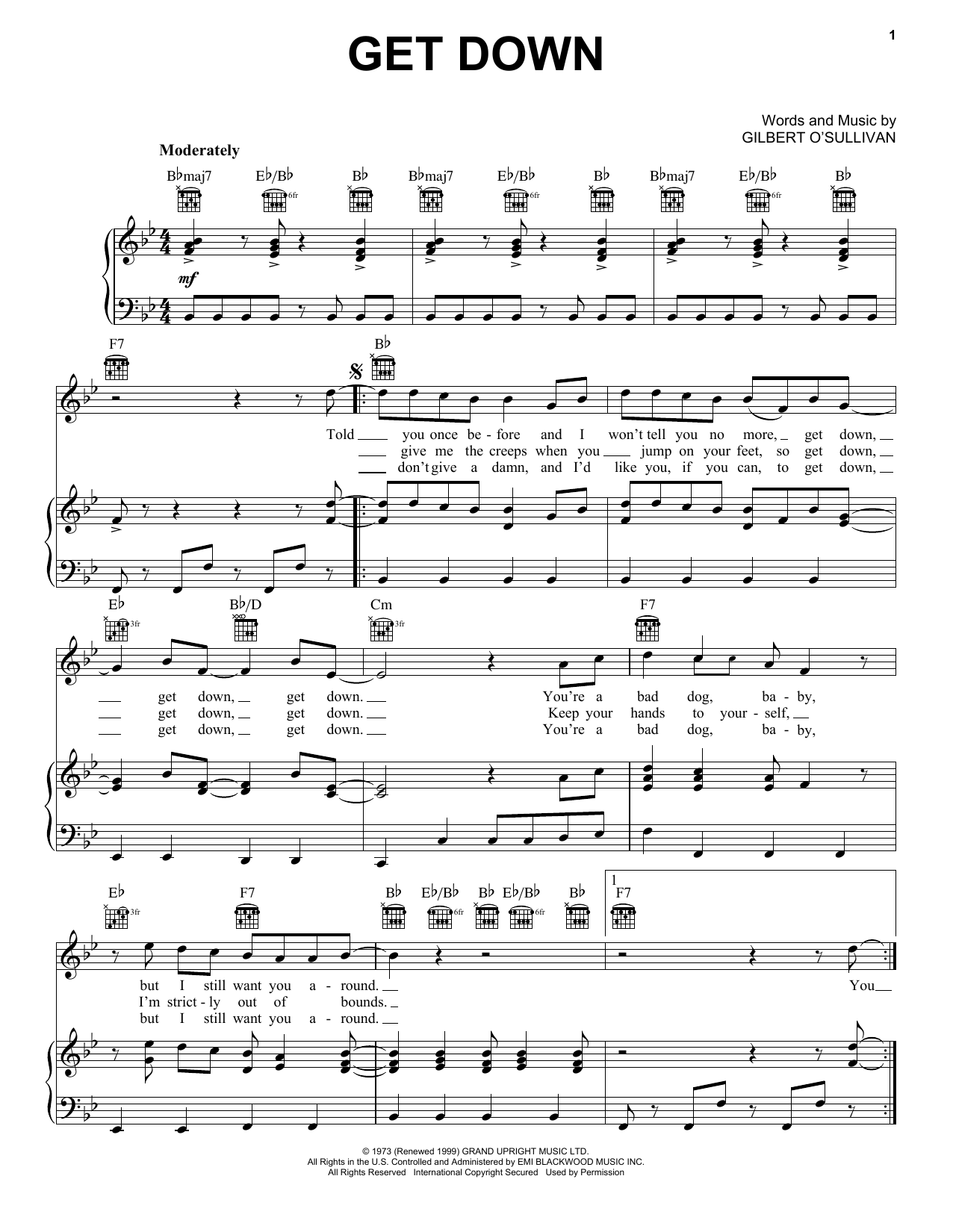 Gilbert O'Sullivan Get Down Sheet Music Notes & Chords for Piano, Vocal & Guitar (Right-Hand Melody) - Download or Print PDF