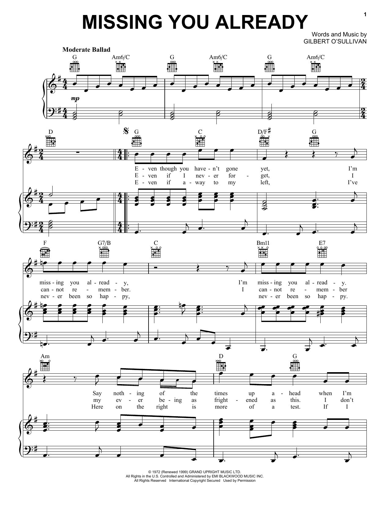 Gilbert O'Sullivan Missing You Already Sheet Music Notes & Chords for Piano, Vocal & Guitar (Right-Hand Melody) - Download or Print PDF