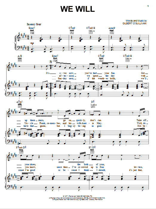 Gilbert O'Sullivan We Will Sheet Music Notes & Chords for Piano, Vocal & Guitar (Right-Hand Melody) - Download or Print PDF