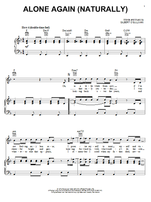 Preview Gilbert O'Sullivan Alone Again (Naturally) Pop sheet music, notes and chords for Piano, Vocal & Guitar (Right-Hand Melody), SKU: 23948 sheet music, piano notes, chords, guitar tabs, score, transpose, transcribe, how to play, guide, download, learn, tutorial, progression, song, artist, awards, billboard, mtv, vh1, tour, single, album, release