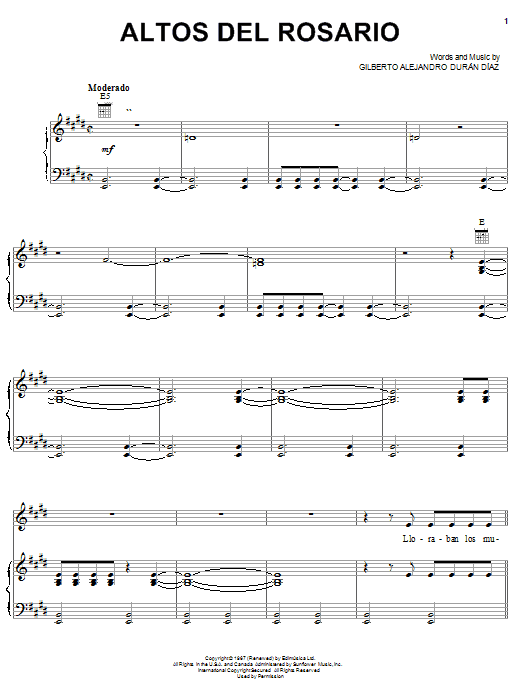 Gilberto Alejandro Duran Diaz Altos Del Rosario Sheet Music Notes & Chords for Piano, Vocal & Guitar (Right-Hand Melody) - Download or Print PDF