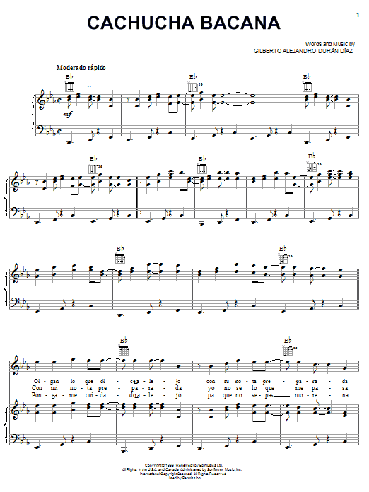 Gilberto Alejandro Duran Diaz Cachucha Bacana Sheet Music Notes & Chords for Piano, Vocal & Guitar (Right-Hand Melody) - Download or Print PDF
