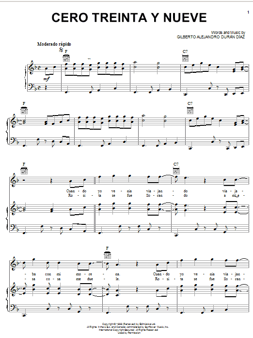 Gilberto Alejandro Duran Diaz Cero Treinta Y Nueve Sheet Music Notes & Chords for Piano, Vocal & Guitar (Right-Hand Melody) - Download or Print PDF
