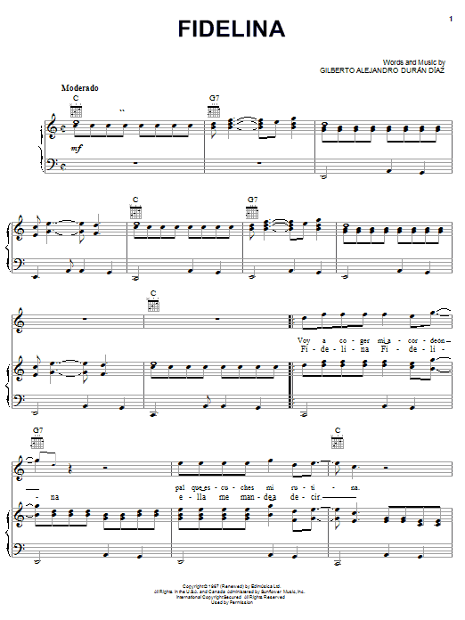 Gilberto Alejandro Duran Diaz Fidelina Sheet Music Notes & Chords for Piano, Vocal & Guitar (Right-Hand Melody) - Download or Print PDF