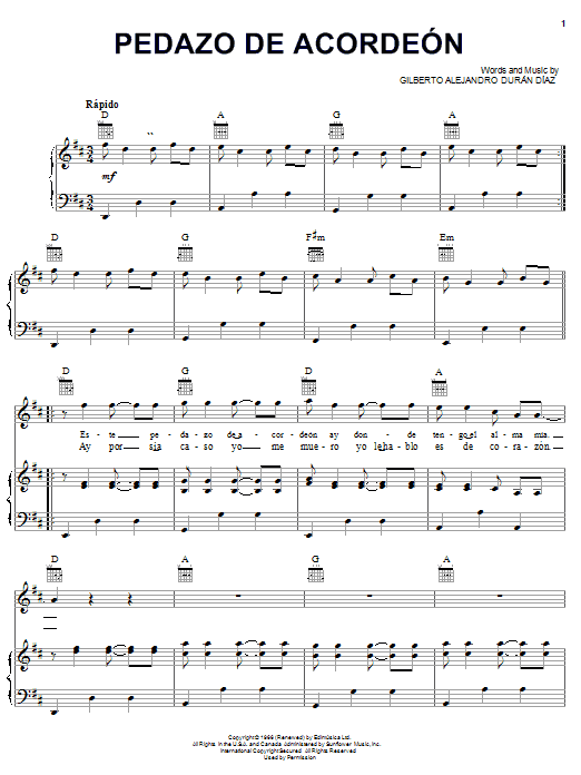 Gilberto Alejandro Duran Diaz Pedazo De Acordeón Sheet Music Notes & Chords for Piano, Vocal & Guitar (Right-Hand Melody) - Download or Print PDF