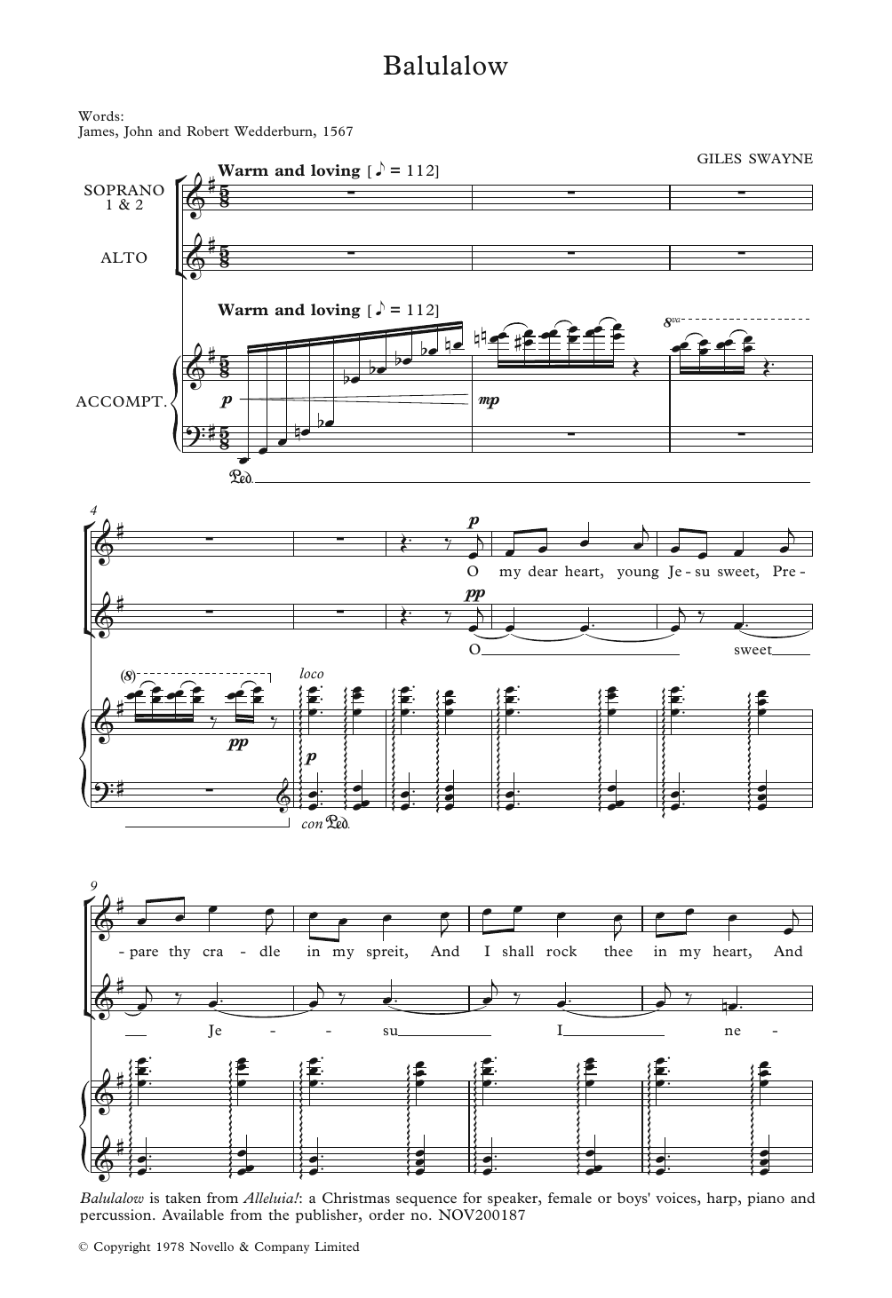 Giles Swayne Balulalow Sheet Music Notes & Chords for SSA Choir - Download or Print PDF