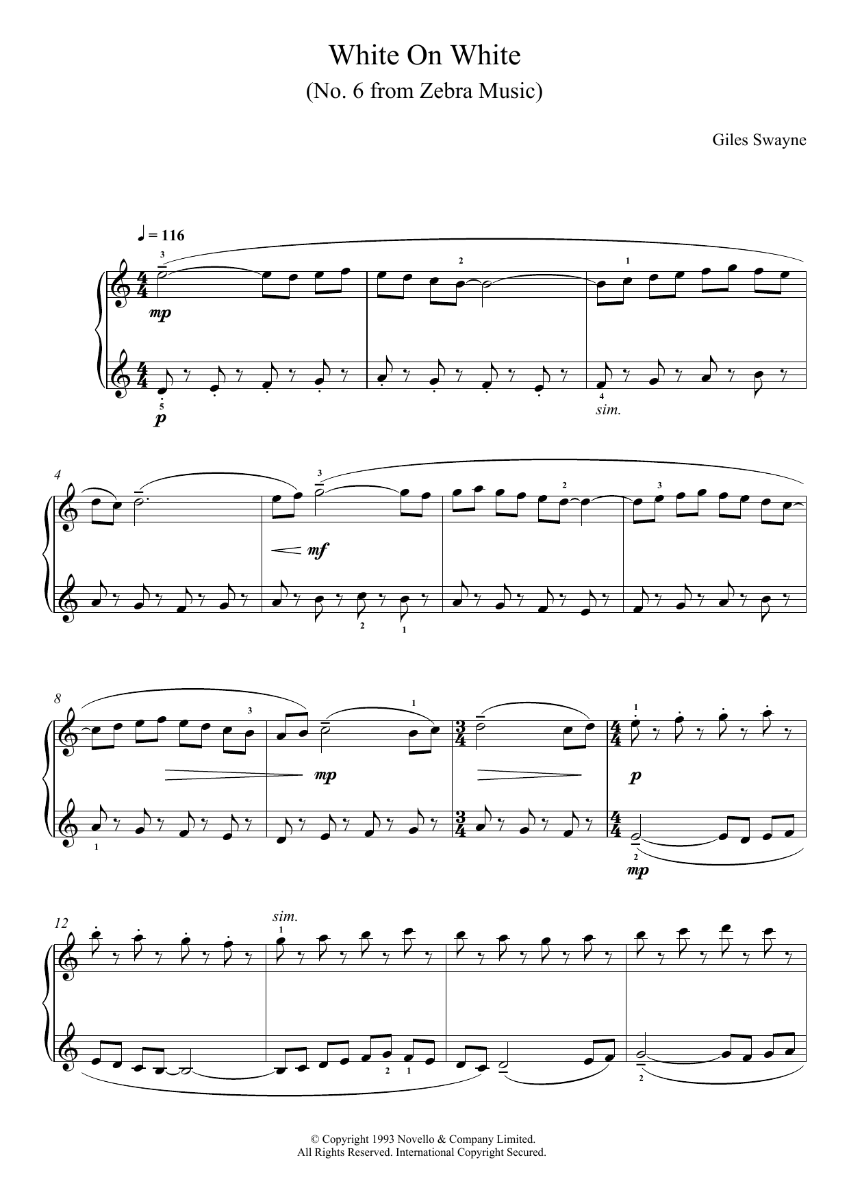 Giles Swayne White On White (No. 6 from Zebra Music) Sheet Music Notes & Chords for Piano - Download or Print PDF