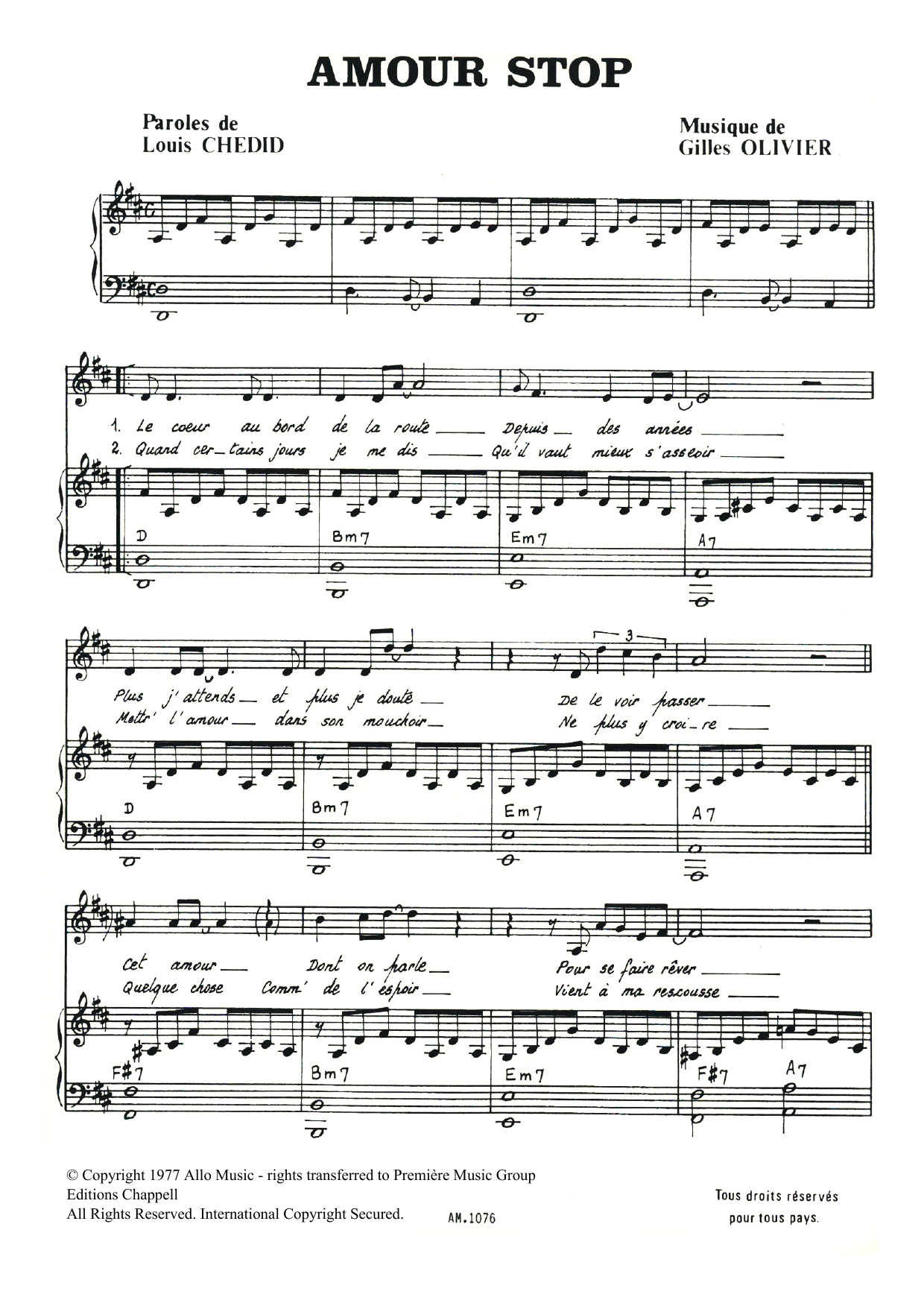 Gilles Olivier Amour Stop Sheet Music Notes & Chords for Piano & Vocal - Download or Print PDF
