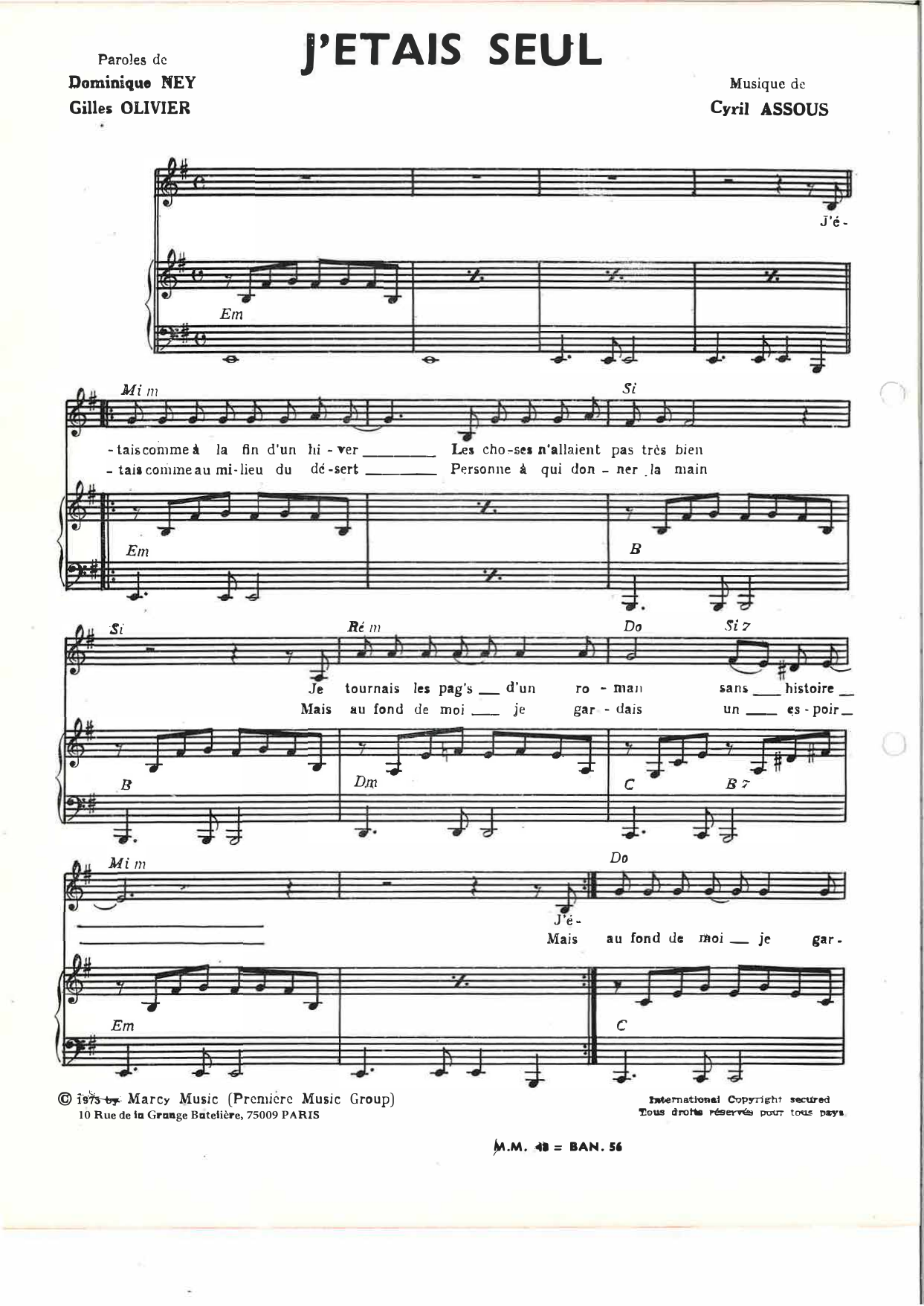 Gilles Olivier J'étais seul Sheet Music Notes & Chords for Piano & Vocal - Download or Print PDF