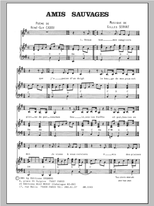 Gilles Servat Amis Sauvages Sheet Music Notes & Chords for Piano & Vocal - Download or Print PDF