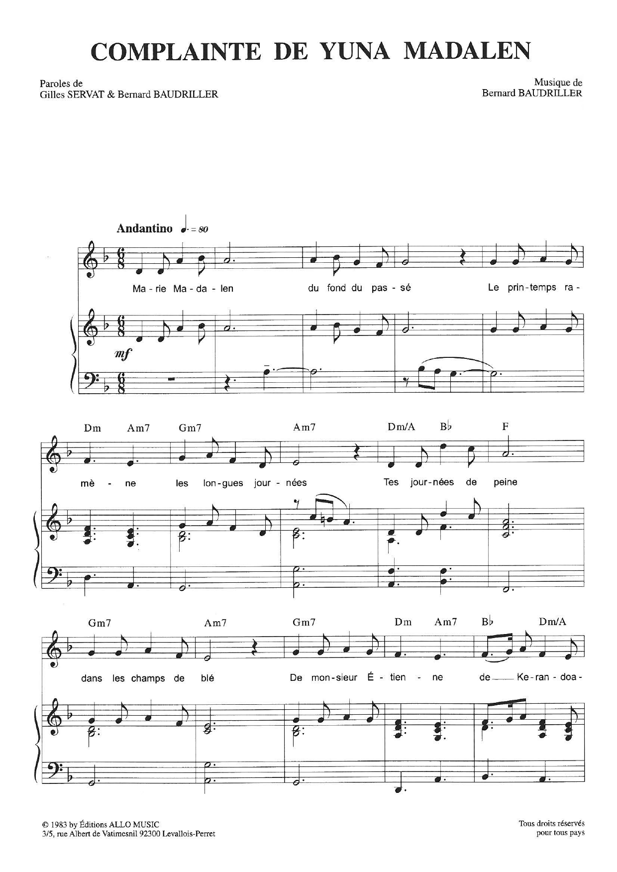 Gilles Servat Complainte De Yuna Madalen Sheet Music Notes & Chords for Piano & Vocal - Download or Print PDF