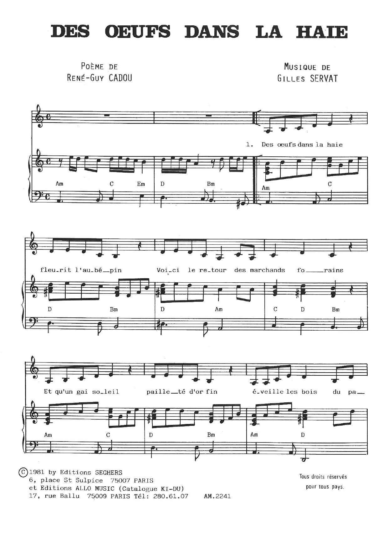 Gilles Servat Des Oeufs Dans La Haie Sheet Music Notes & Chords for Piano & Vocal - Download or Print PDF