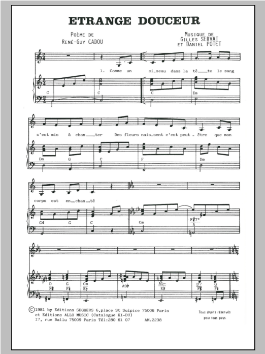 Gilles Servat Etrange Douceur Sheet Music Notes & Chords for Piano & Vocal - Download or Print PDF