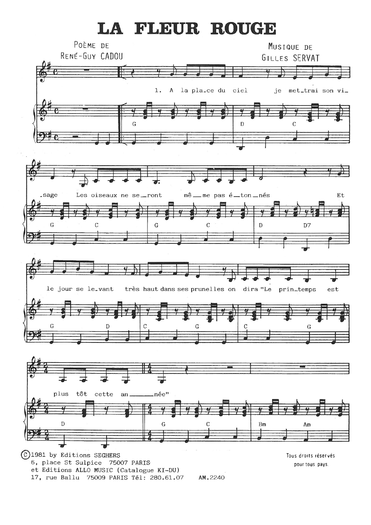 Gilles Servat La Fleur Rouge Sheet Music Notes & Chords for Piano & Vocal - Download or Print PDF