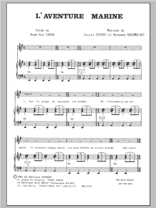 Gilles Servat L'aventure Marine Sheet Music Notes & Chords for Piano & Vocal - Download or Print PDF