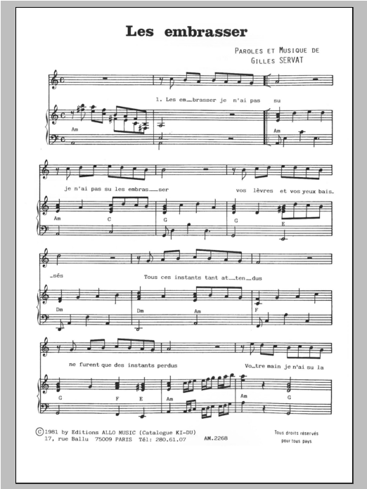 Gilles Servat Les Embrasser Sheet Music Notes & Chords for Piano & Vocal - Download or Print PDF