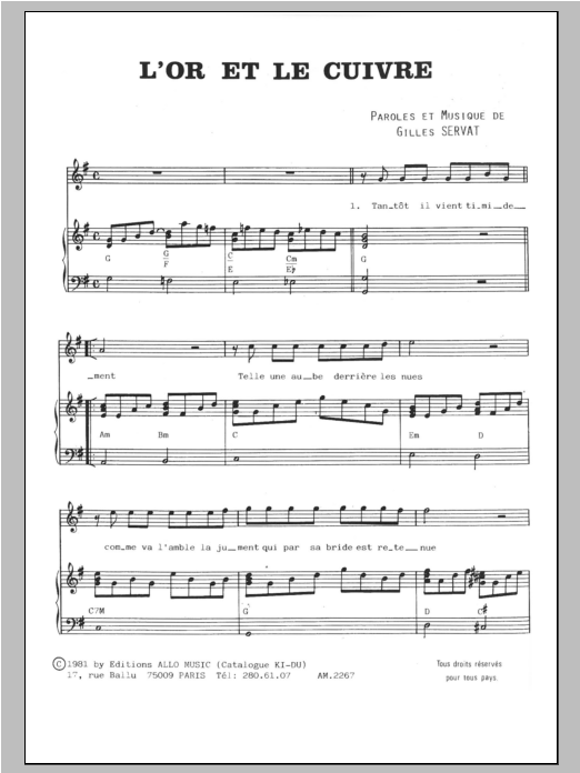 Gilles Servat L'or Et Le Cuivre Sheet Music Notes & Chords for Piano & Vocal - Download or Print PDF